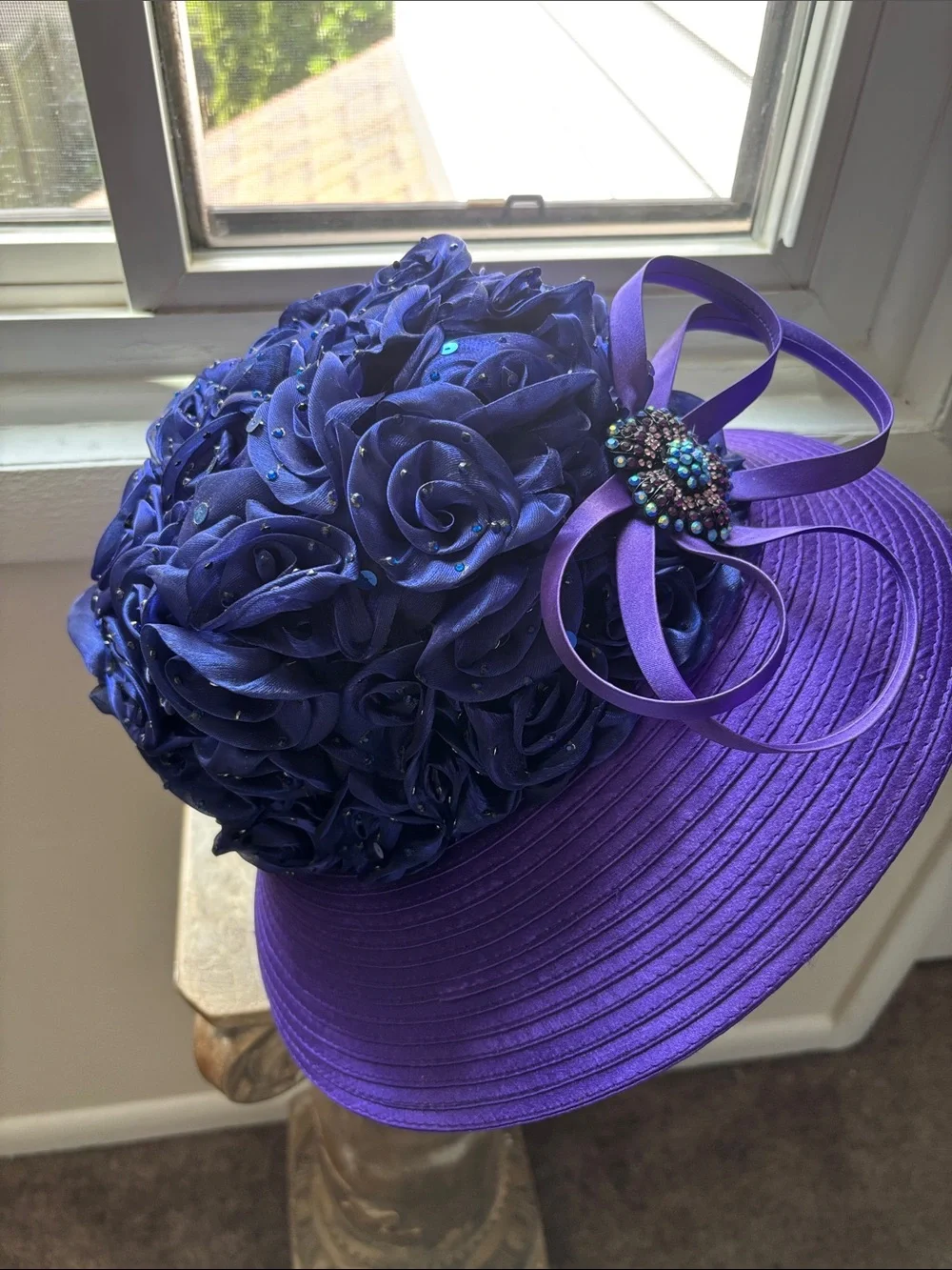 Elegant Purple Wide-Brim Church Hat with Decorative Bow